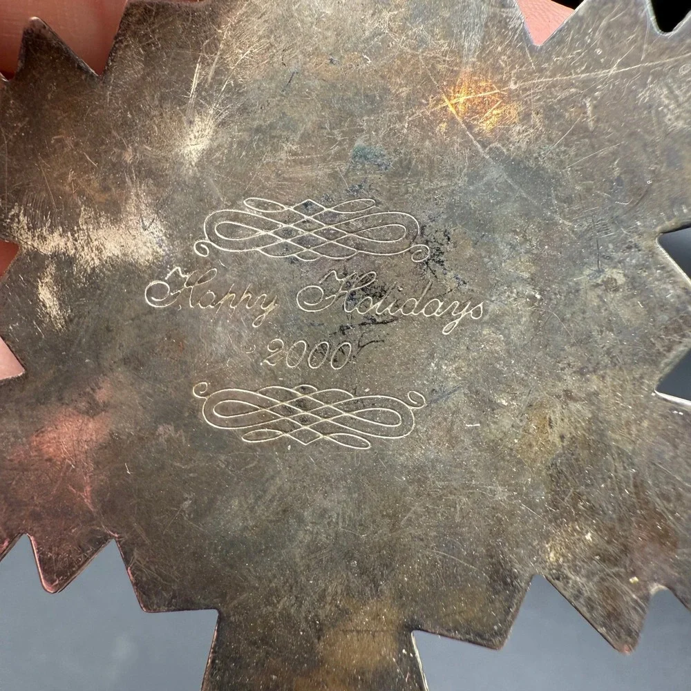2000‎ Silver Plated Snowflake Christmas Ornament Happy Holidays Engraved Vintage